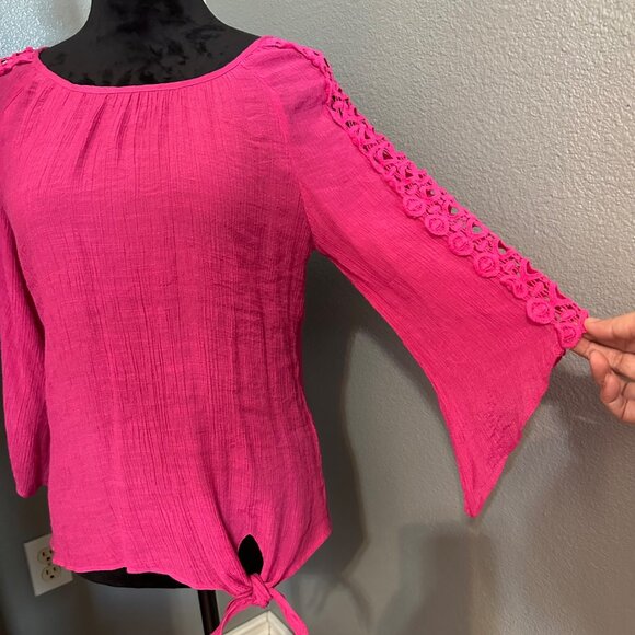 Per Seption Concept Pink Bell Sleeve Womens Top Small 3/4 Sleeve Tie Boho Y2K - Picture 2 of 8